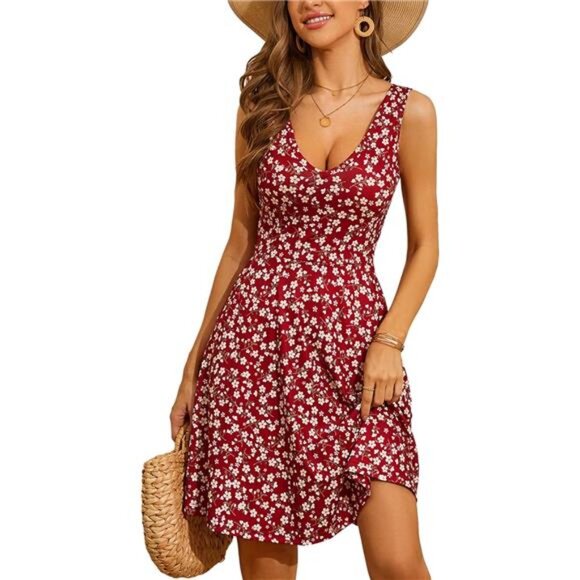 Womens Sleeveless V Neck Dress with Pocket Summer Beach Midi Flared Tank - Picture 1 of 6